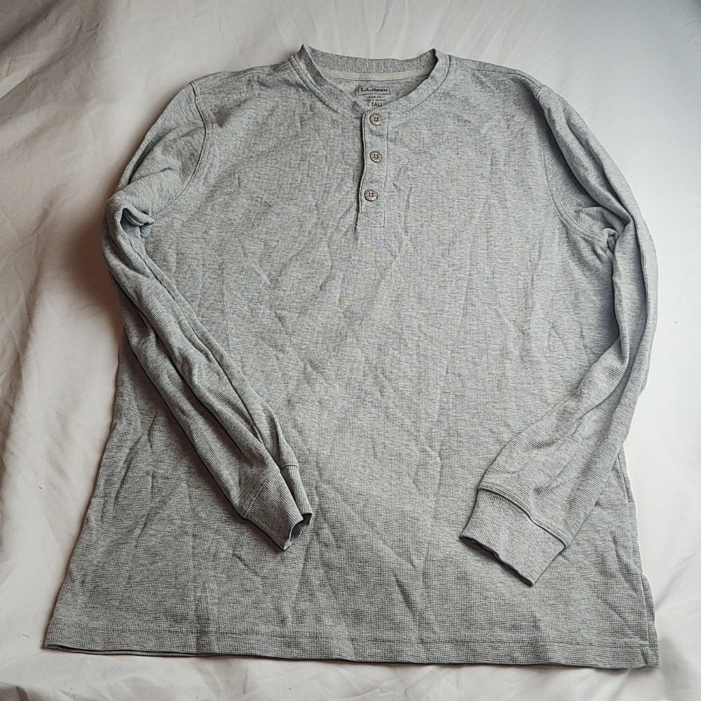 L.L. Bean Henley Thermal Waffle Knit Long Sleeve Gray Men's Size Large Tall